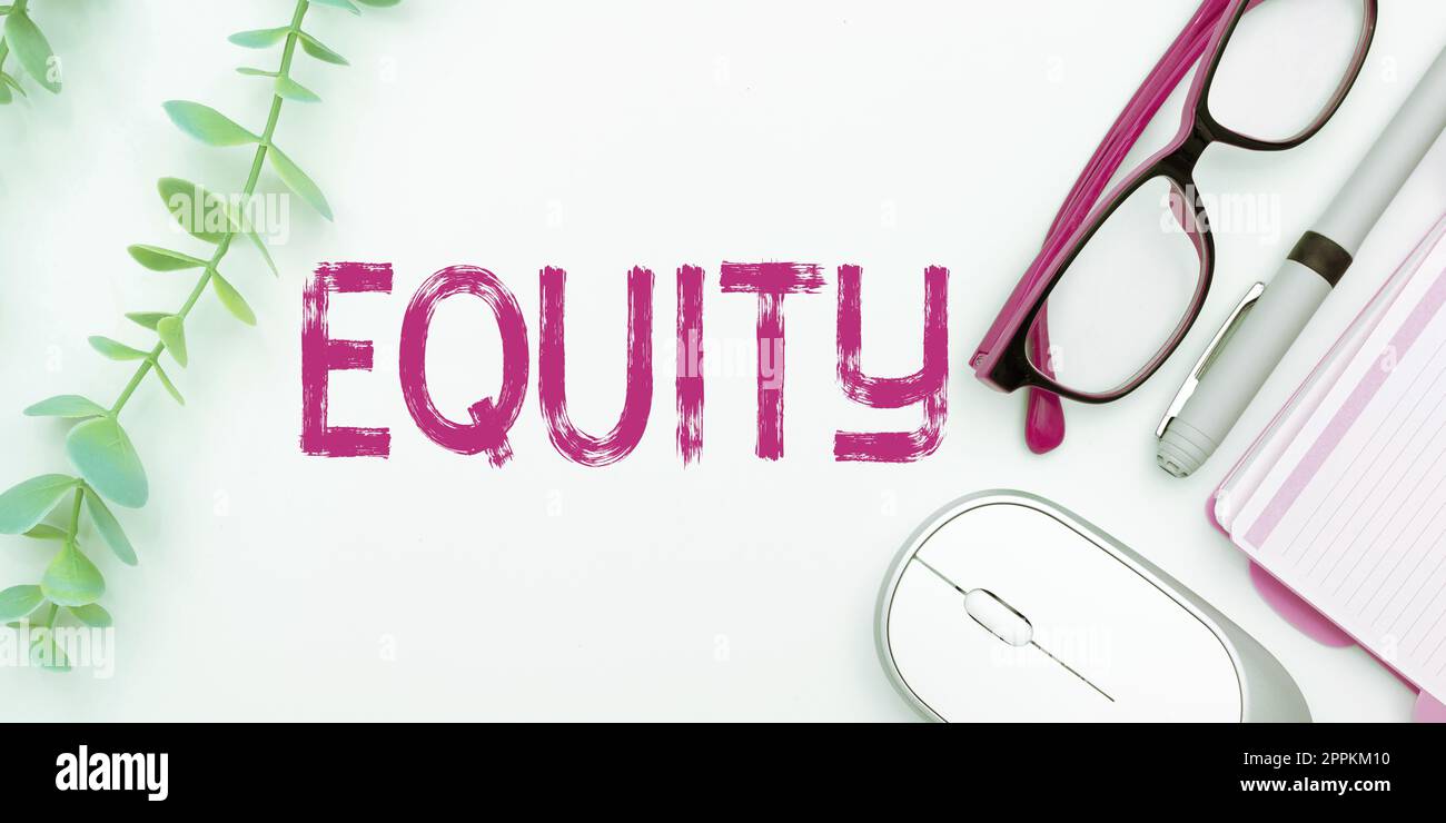 Writing displaying text Equity. Concept meaning quality of being fair and impartial race free One hand Unity Stock Photo