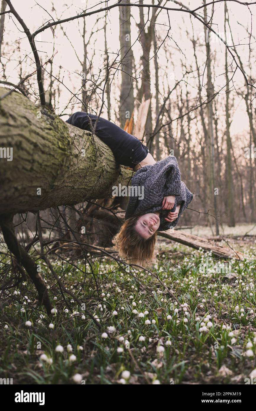 Smiling lady hanging on tree trunk scenic photography Stock Photo