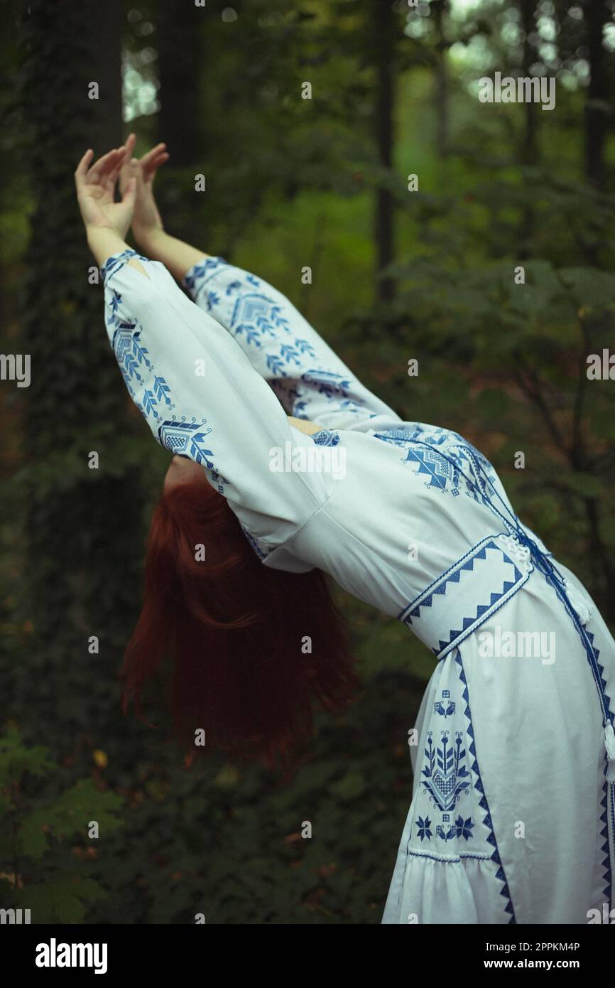 Close up elegant woman in embroidered dress leaning back concept photo Stock Photo