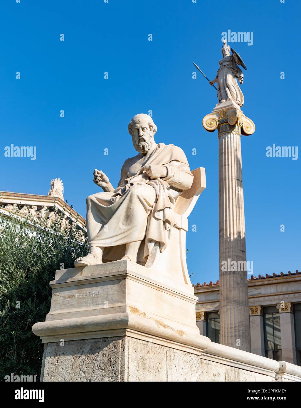 Academy of Athens - Plato Statue and Athena Column Stock Photo