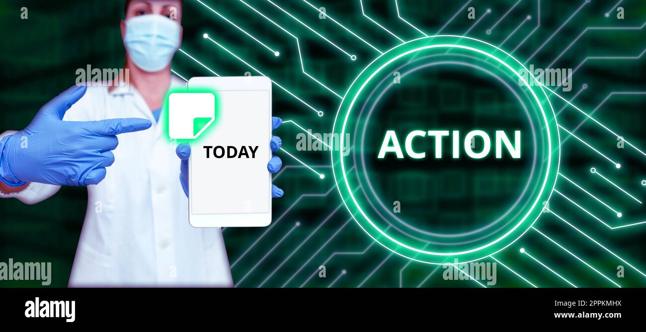 Text sign showing Action. Internet Concept fact or process doing something typically to achieve aim goal Stock Photo