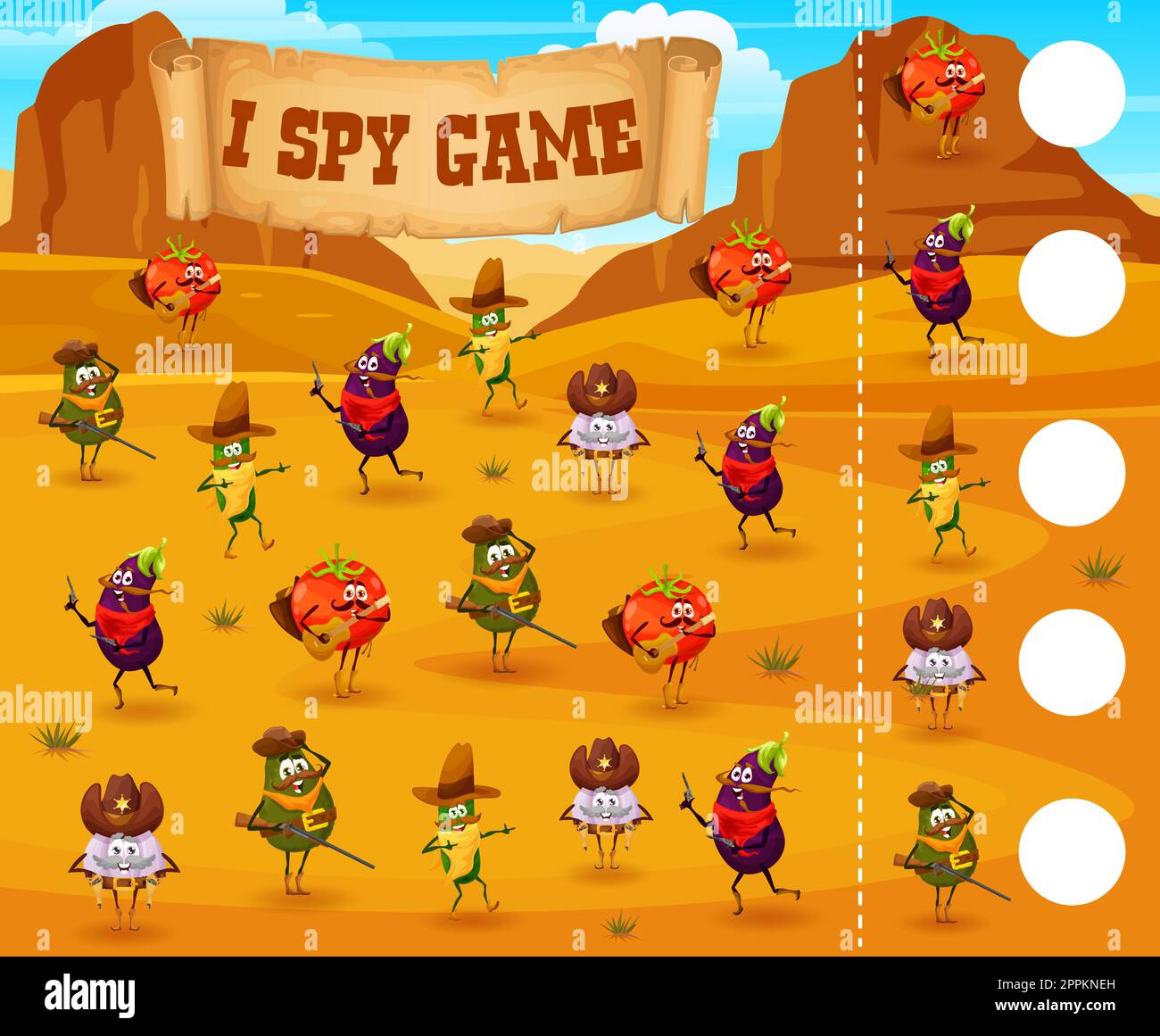 I spy game cartoon vegetable cowboy, sheriff, ranger and bandits in
