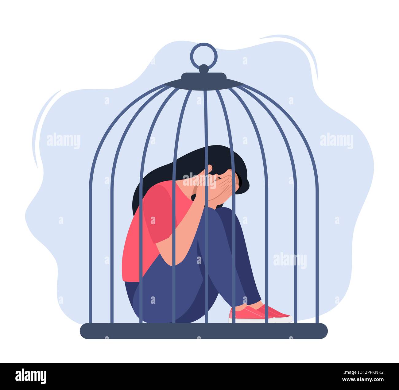 Woman locked in cage. Unhappy female character sitting on floor and hugging knees. Female empowerment movement. Concept of restriction of freedom, dom Stock Vector