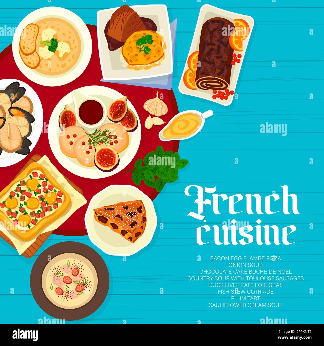 French cuisine menu cover, food dishes of France and restaurant meals, vector poster. French cuisine or Paris gourmet foie gras duck liver and soup wi Stock Vector