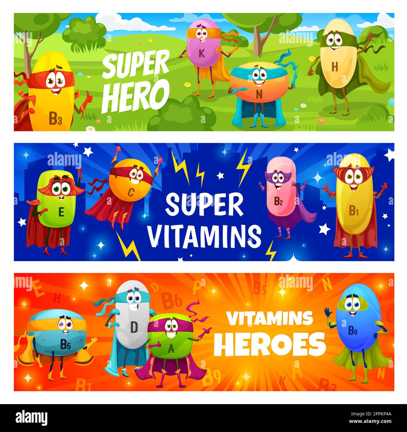 Cartoon happy superhero vitamin characters. Vector banners with dietary food supplement B3, K, N, H and E, C, B1,B5 or D, A, B9 capsules. Children nut Stock Vector