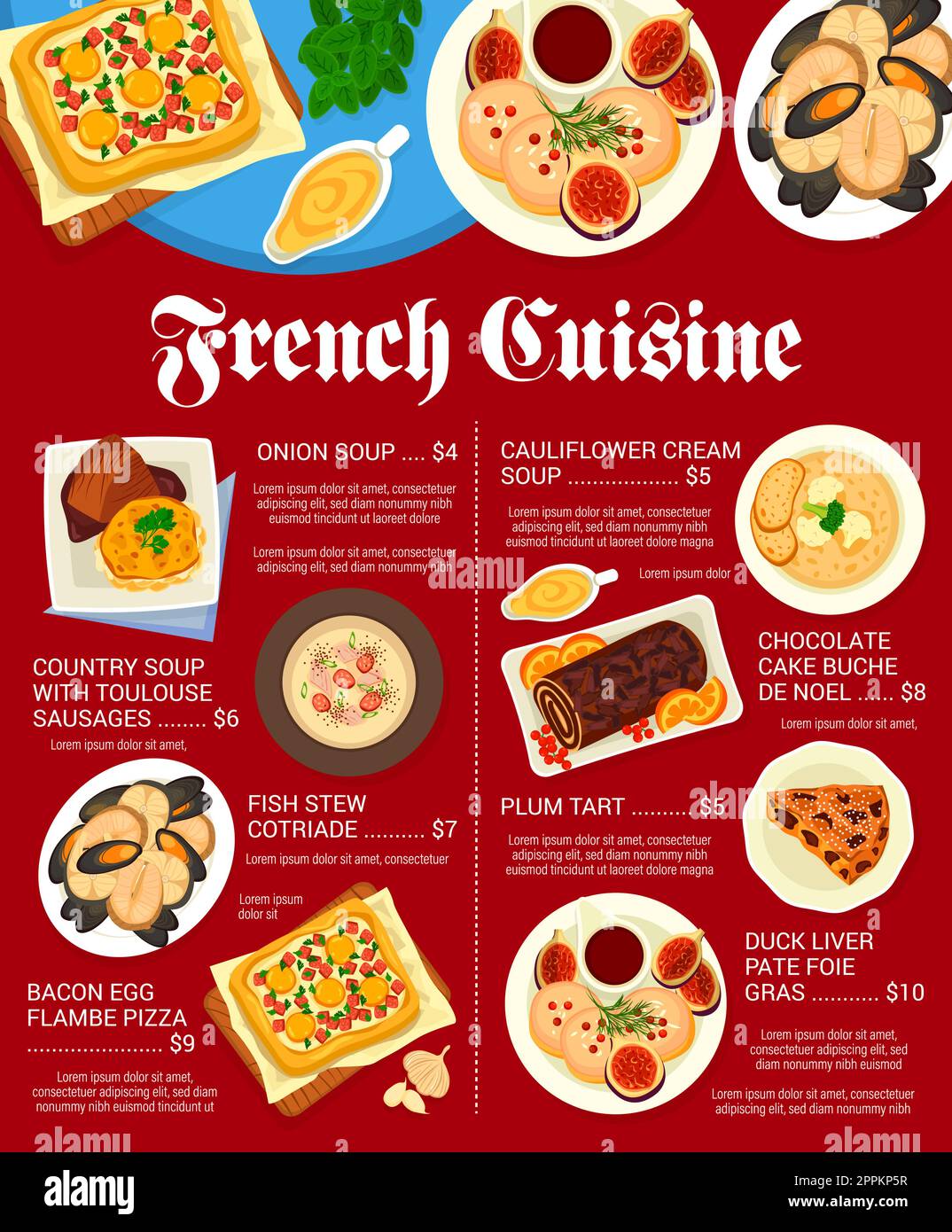 French cuisine menu with food of France, gourmet dinner and plate dishes, vector. French cuisine and Paris restaurant meals, stew and foie gras duck l Stock Vector