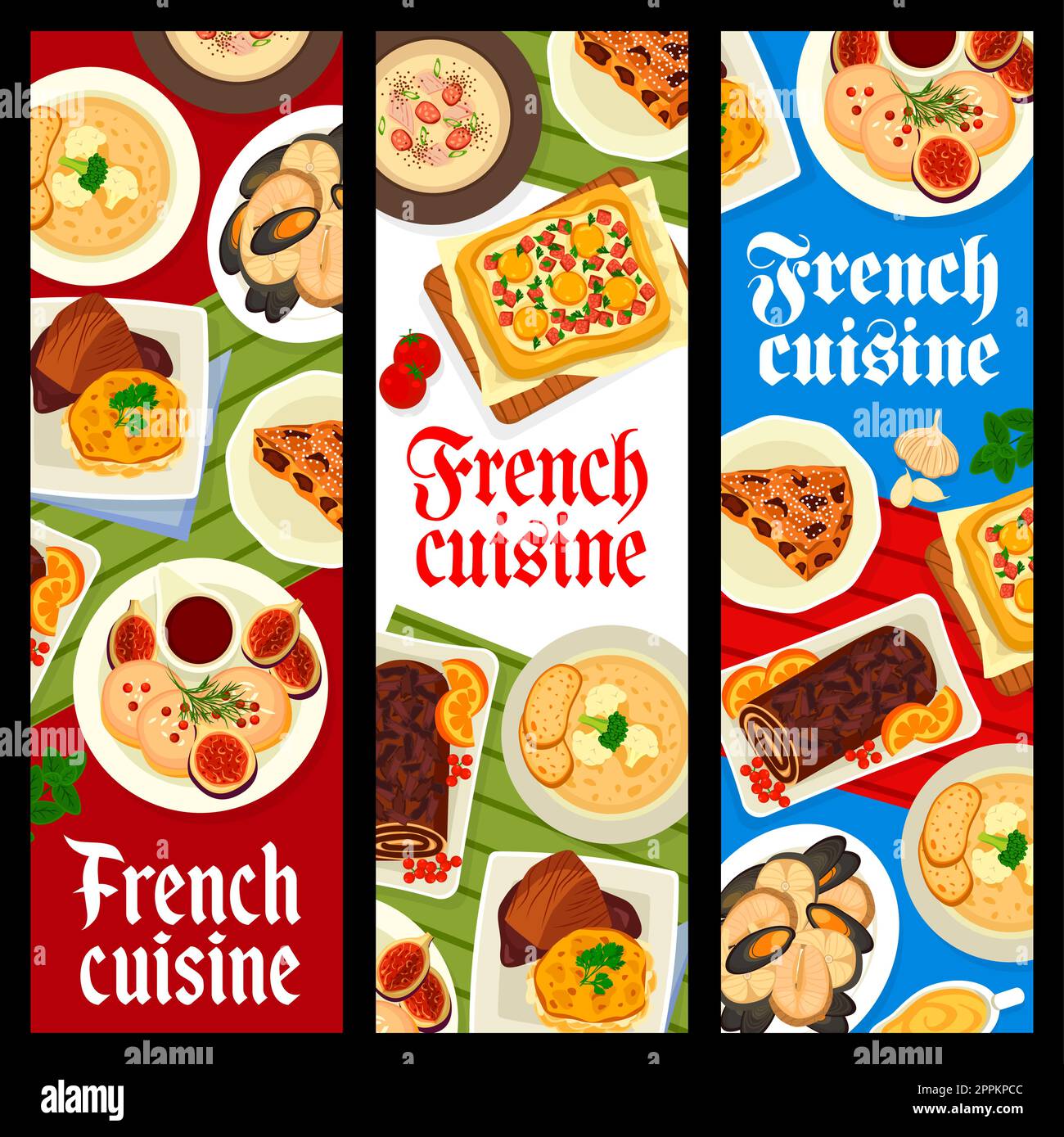 French cuisine banners, food dishes and meals plates with foie gras and onion soup, vector. French cuisine or Paris restaurant meals, fish stew with p Stock Vector
