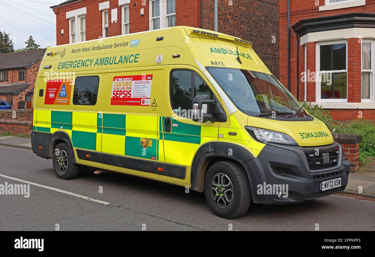 North West ambulance service, NHS emergency ambulance vehicle on call, in Stockton Heath, Warrington, Cheshire, England, UK, WA4 Stock Photo