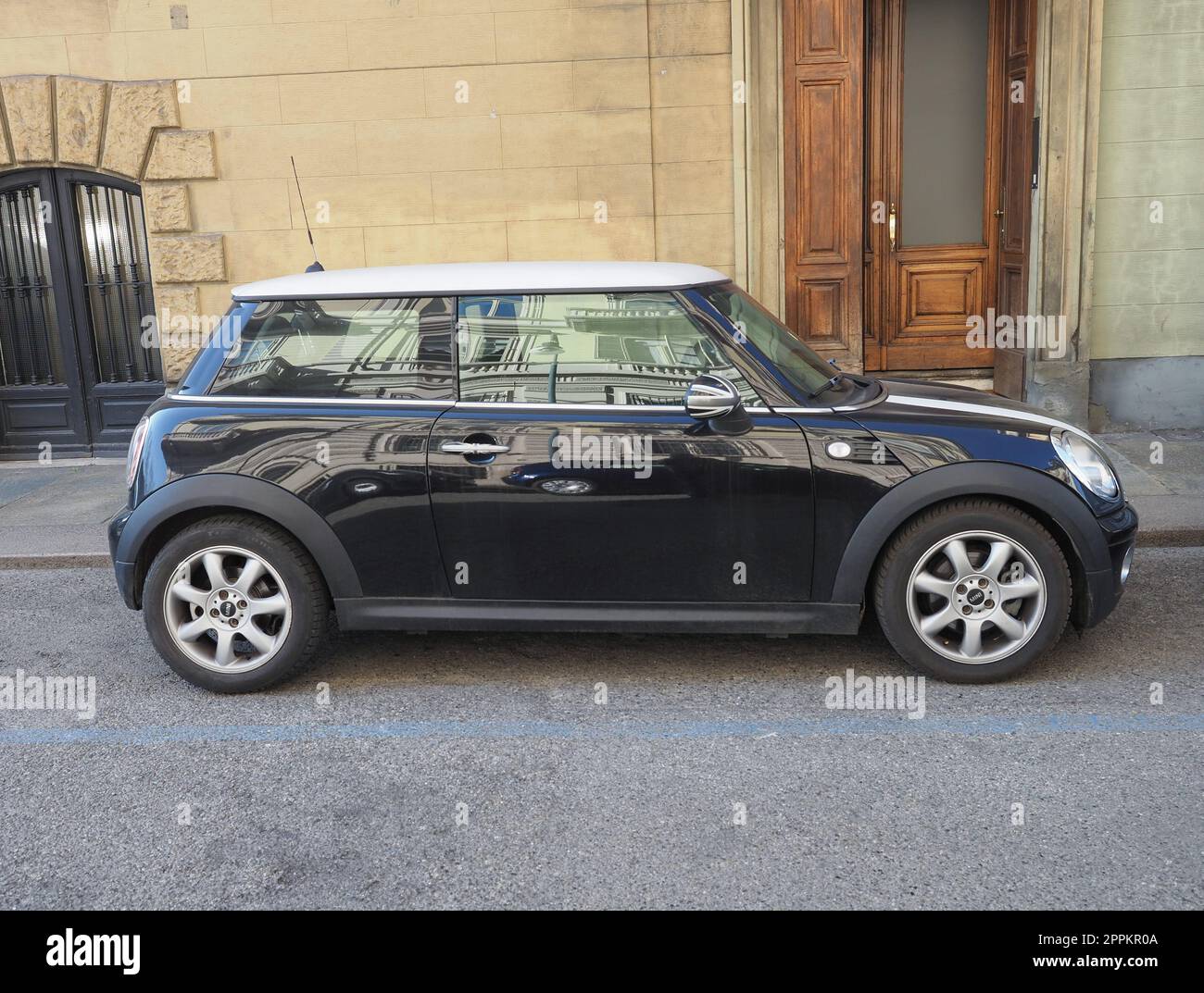 black Mini cooper car in Turin Stock Photo