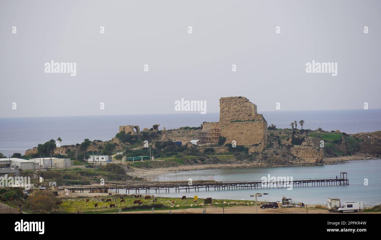 View of the Atlit beach and ruins of the Chateau Pelerin fortress