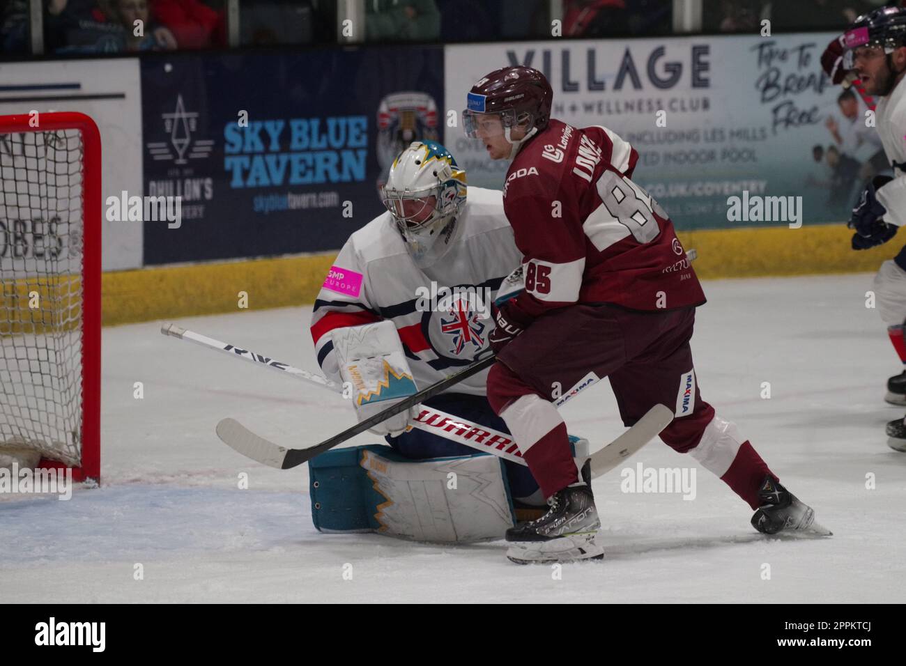 Coventry, England, 23 April 2023. Jackson Whistle, netminder for Great Britain and Dans Locmelis playing for Latvia in an International Challenge Series match at the Skydome Arena, Coventry. Credit: Colin Edwards Stock Photo