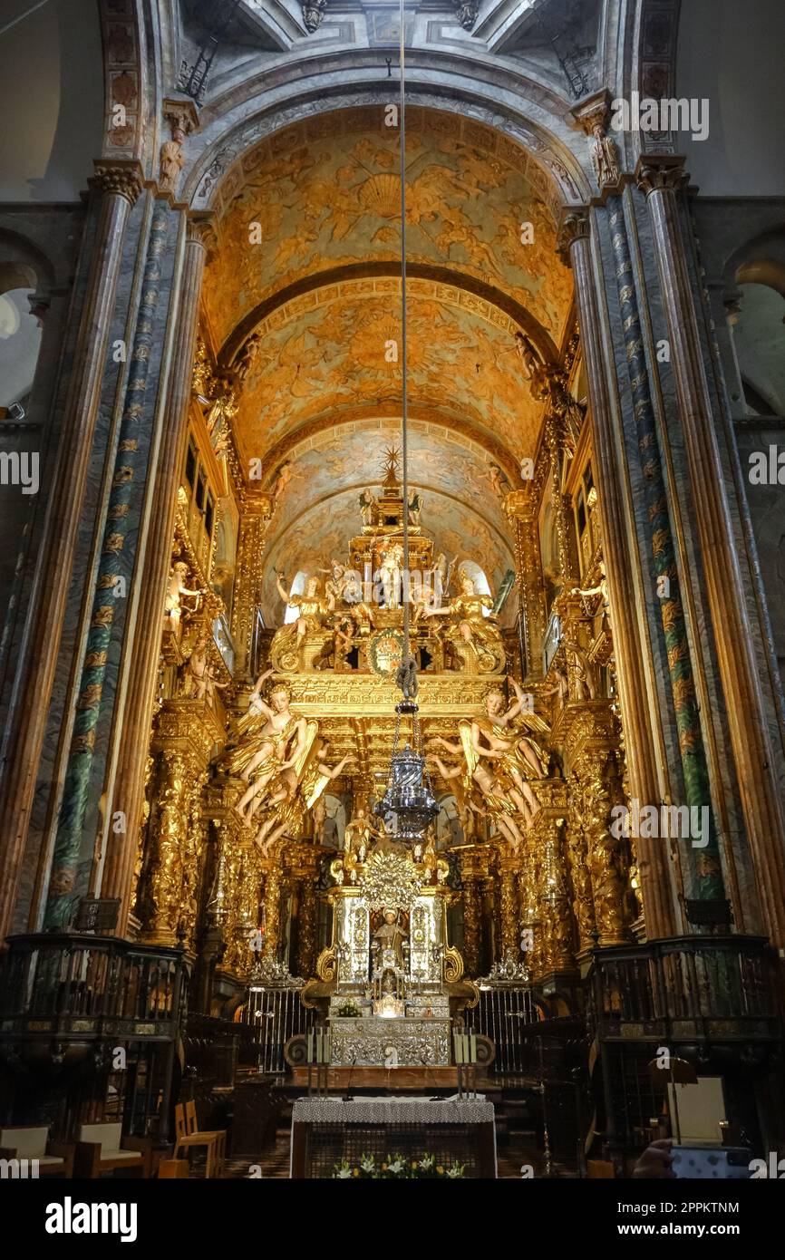 Gold Altar in the Santiago de Compostela Cathedral, Galicia, Spain Stock Photo