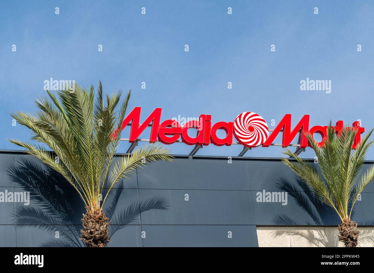 MARBELLA, SPAIN - OCTOBER 11, 2021: Facade of a Media Markt store in Marbella, Spain. Media Markt is a chain of stores selling consumer electronics Stock Photo
