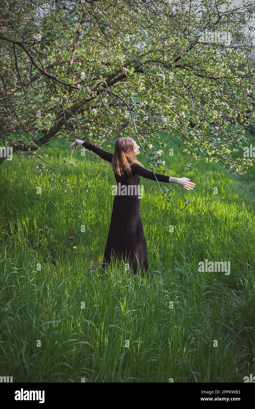 Woman spreading arms with joy under blooming trees scenic photography Stock Photo