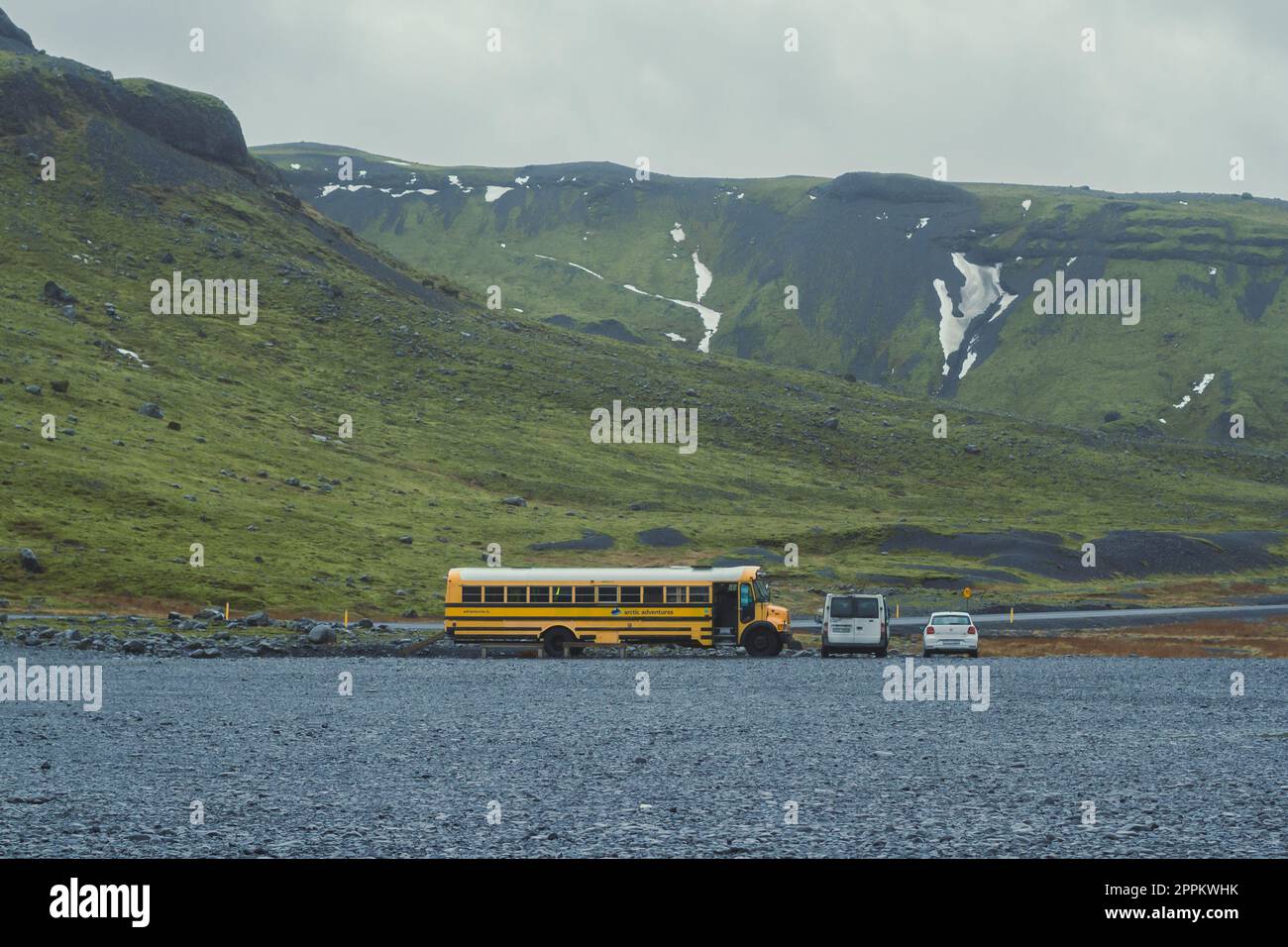 Tourist vehicles in valley landscape photo Stock Photo