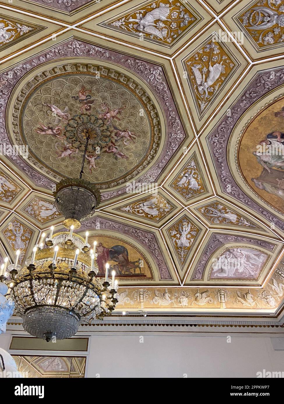 decorated ceiling with chandelier in Correr Museum Stock Photo