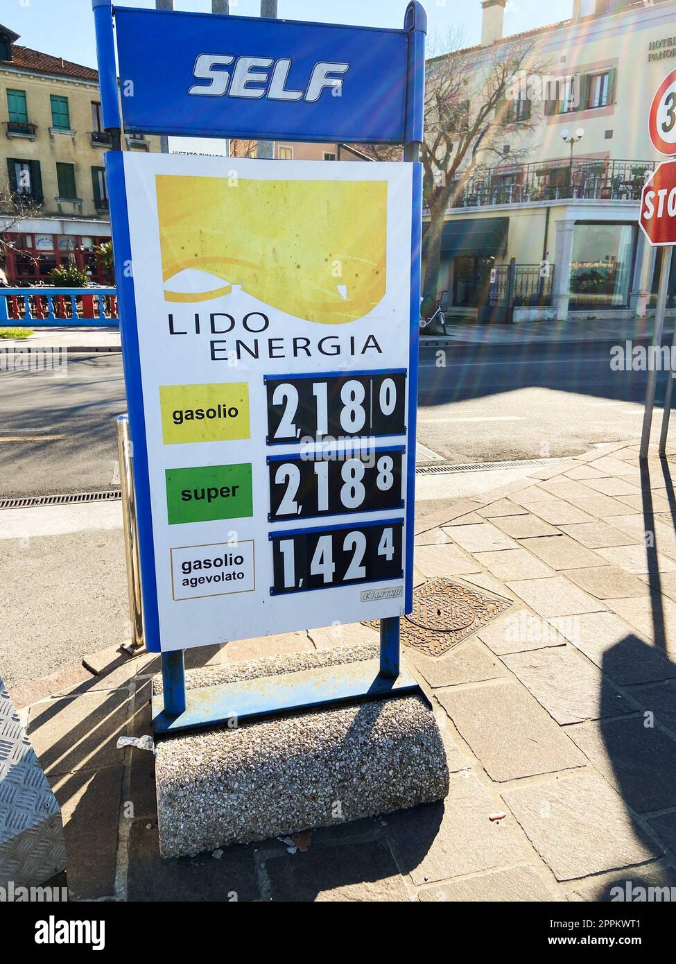 Venice, Italy February 13, 2023 stand with gasoline prices at gas