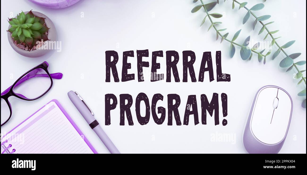 Hand writing sign Referral Program. Word Written on sending own patient to another physician for treatment Stock Photo