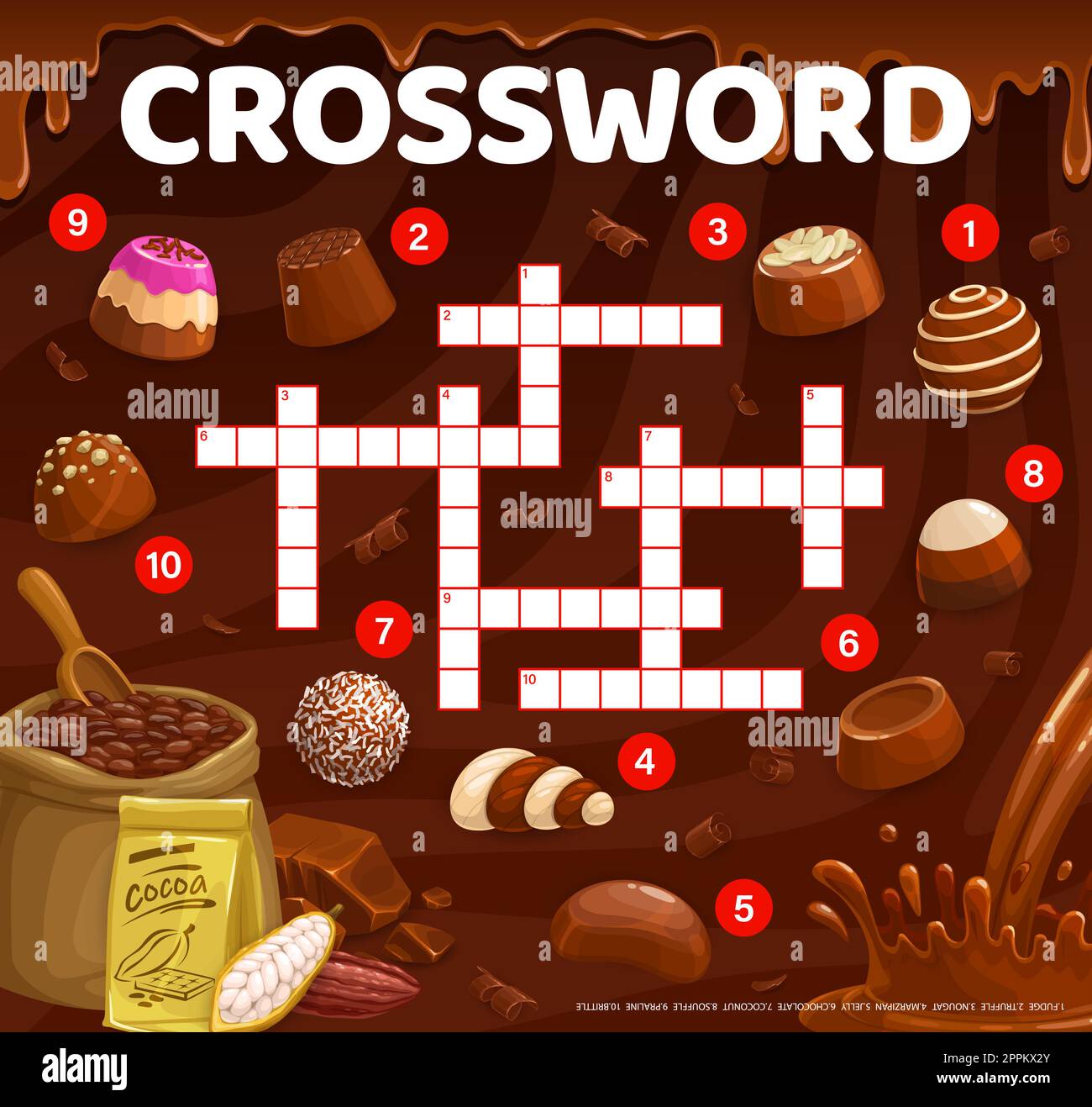 Crossword quiz game grid Milk chocolate praline and fudge candy Crossword quiz game grid Milk chocolate praline and fudge candy