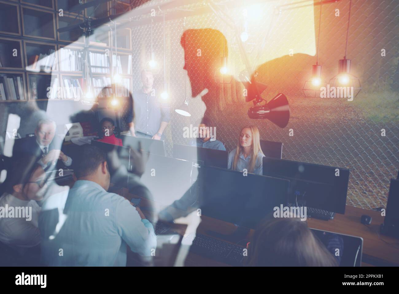 Business people in office connected on internet network. concept of startup company. Double exposure Stock Photo