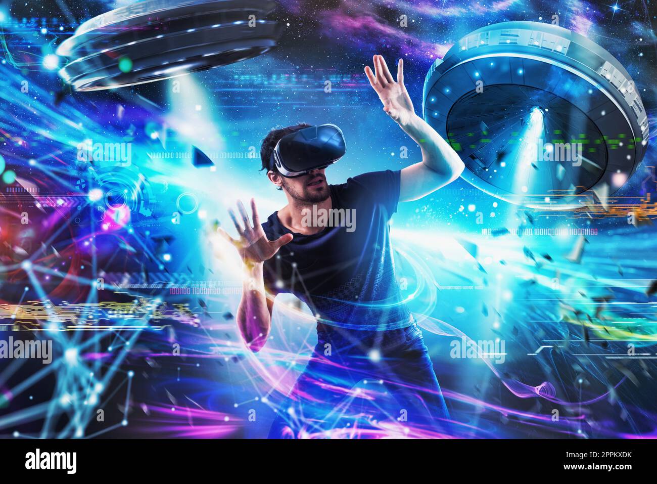 Shocked boy plays with online ufo videogames. Concept of technology and entertainment Stock Photo