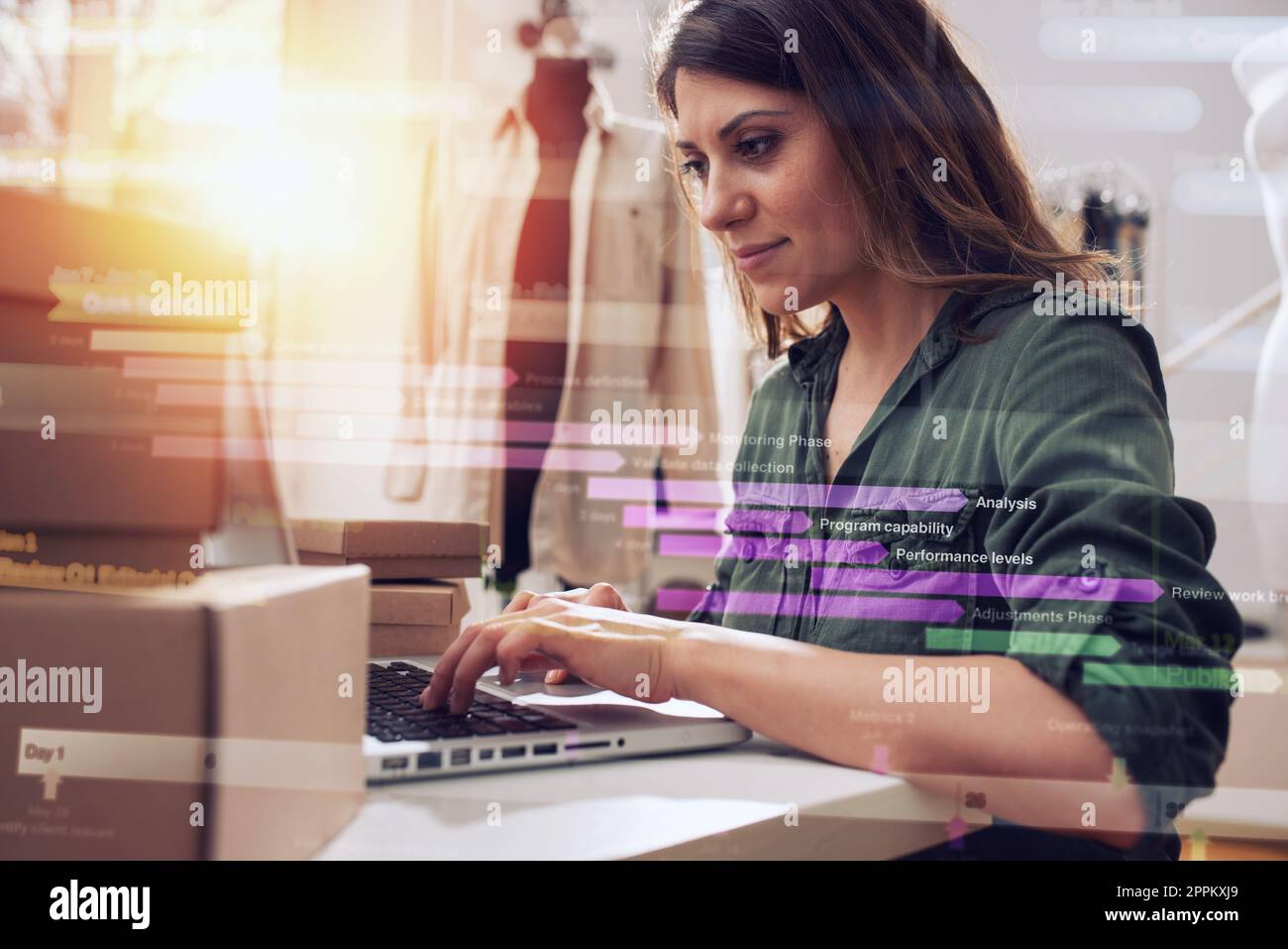 Seamstress works to new clothes ordered by internet client Stock Photo
