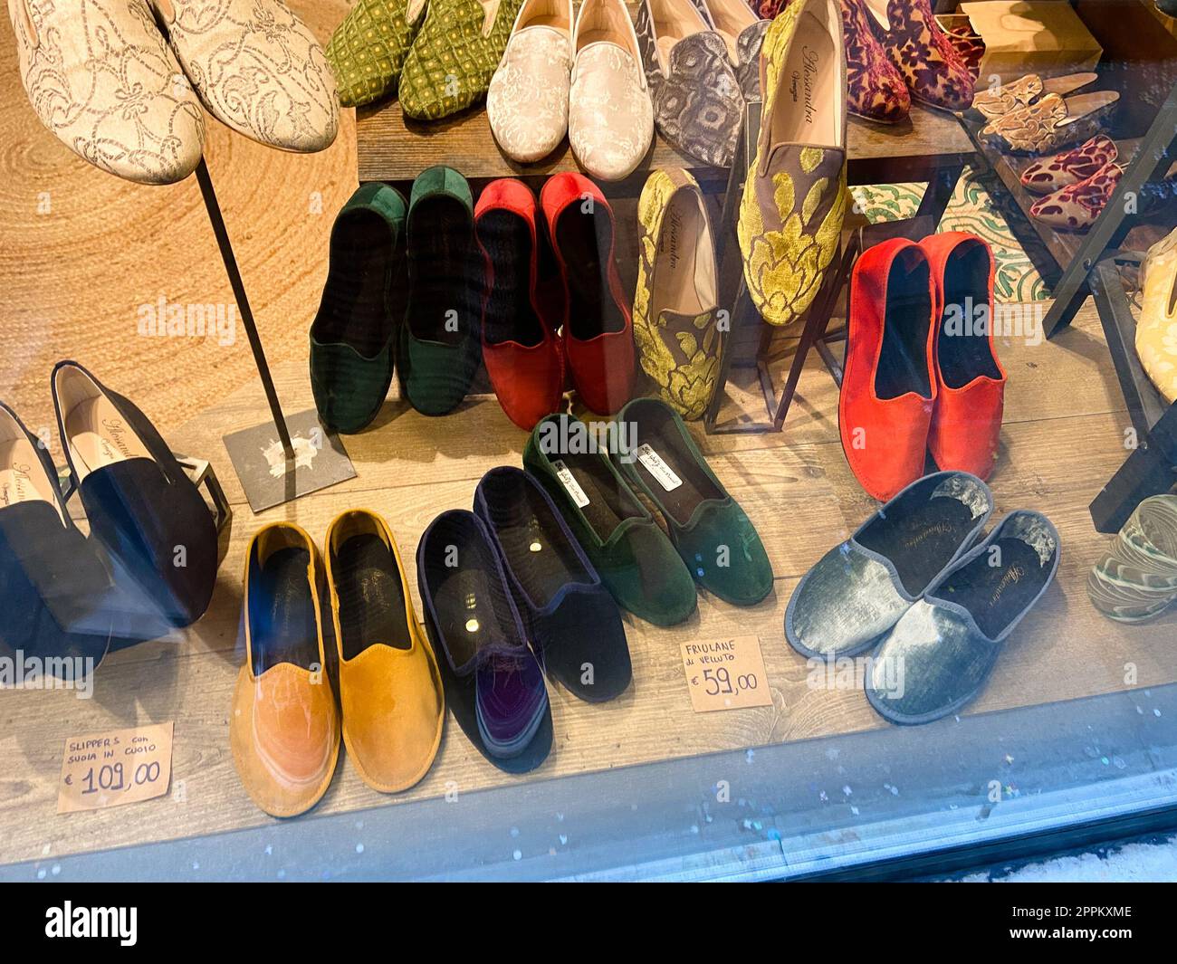Venice, Italy February 12, 2023 velor carnival shoes with prices in
