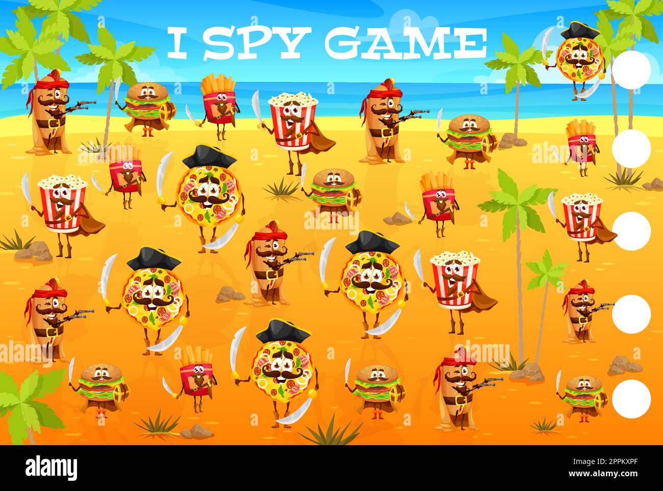 I spy game cartoon captain and pirates fastfood characters on treasure island. Kids vector math