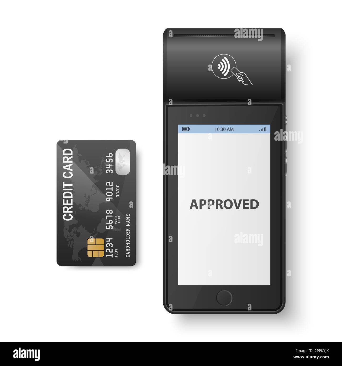 Vector 3d Black NFC Payment Machine, Approved Status and Credit Card Isolated. Wi-fi, Wireless Payment. POS Terminal, Machine Design Template of Bank Payment Contactless Terminal, Mockup. Top VIew Stock Photo