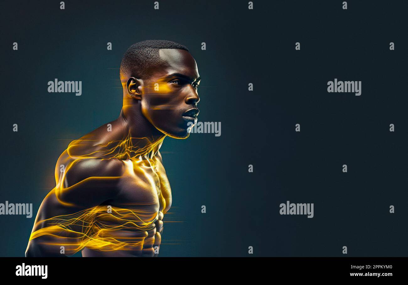 A Powerful and Determined Dark-skinned Athlete's Head and Shoulders in Profile, with Sleek Cyborg Tech Lines running Through his Body Stock Photo