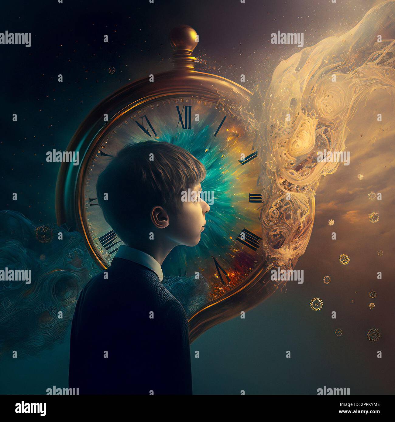 Surreal and Fantasy Concept Little Boy Standing in front of a Dissolving Clock, Fluidity of Time and Imagination in a Fantastical World Stock Photo