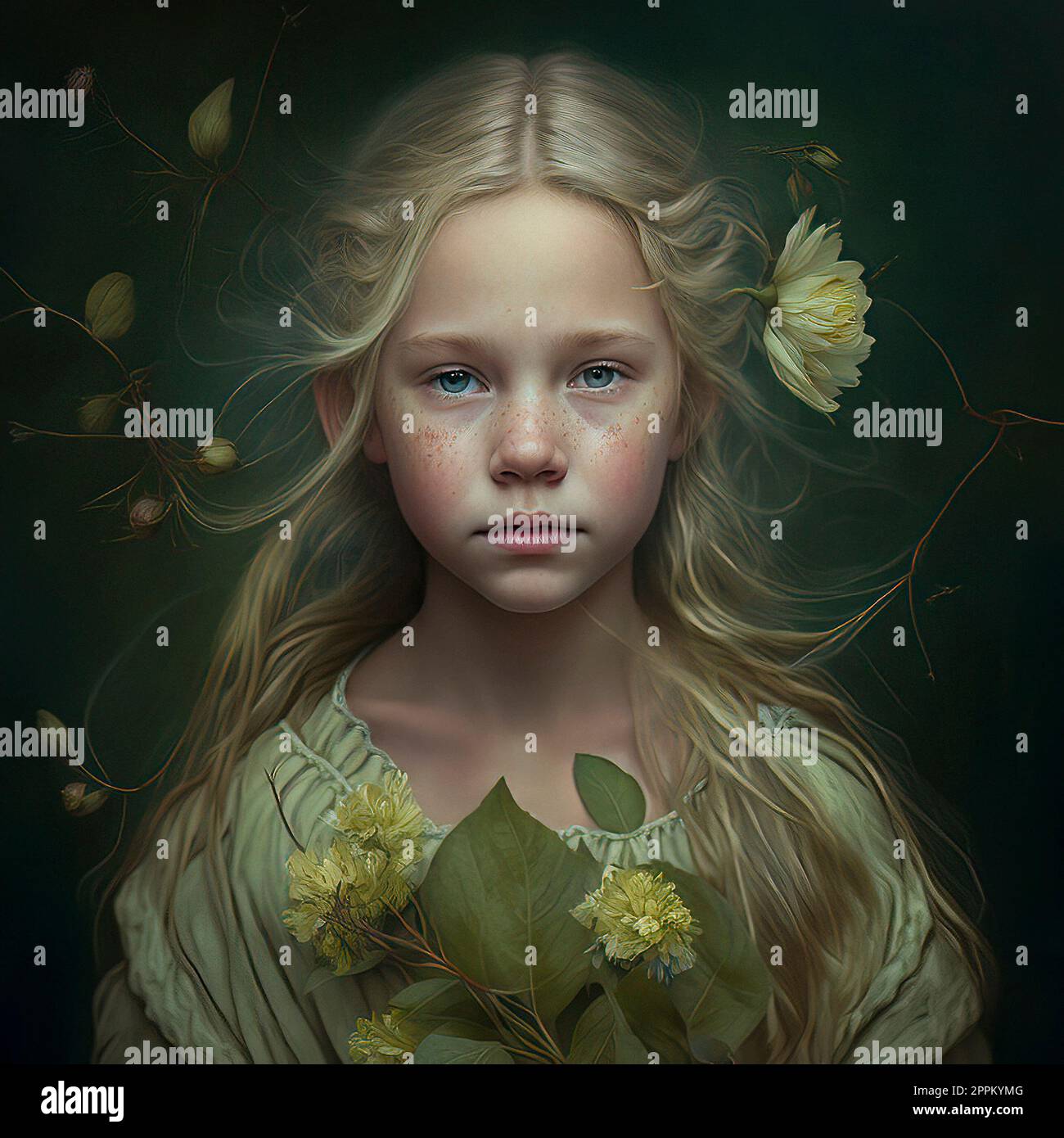 Digital Art Portrait of a Young Nordic Girl with a Flower in Her Hair, and a Pale Green Dress Stock Photo
