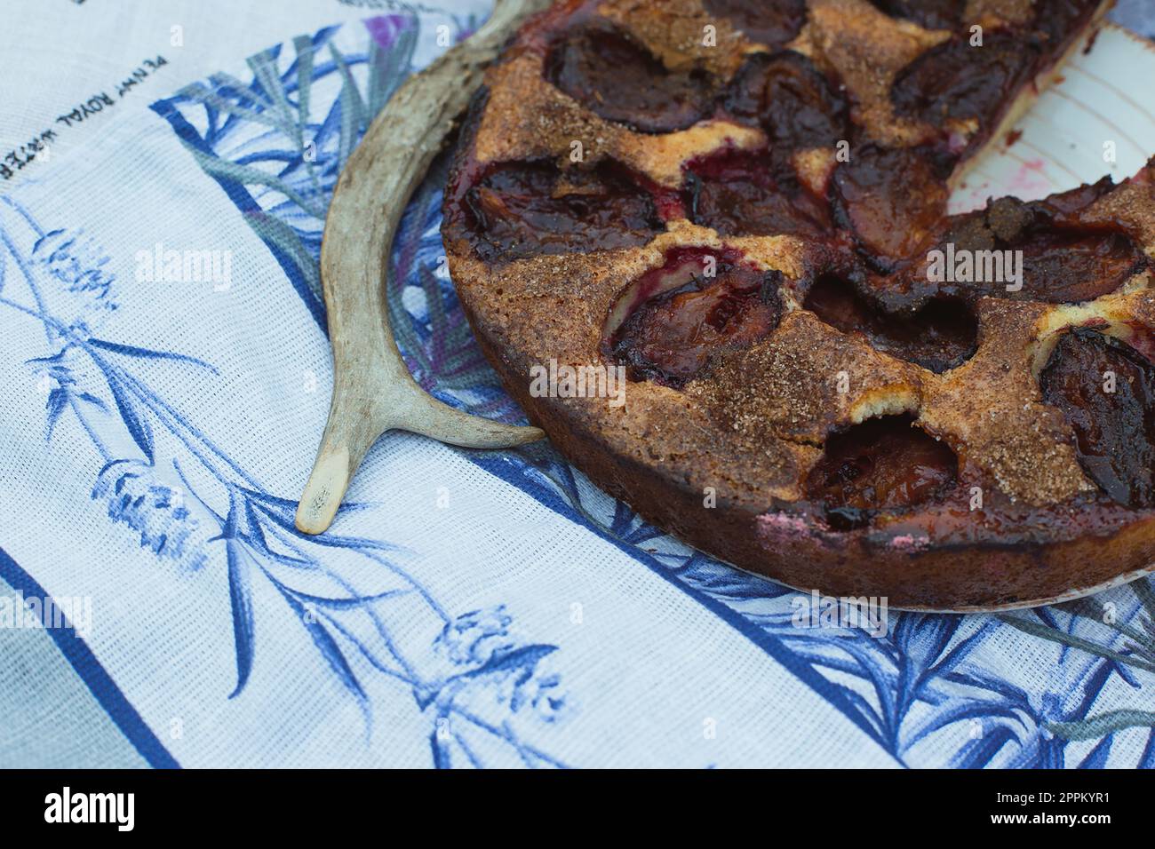 Close up homemade plum pie on floral throw blanket concept photo Stock Photo