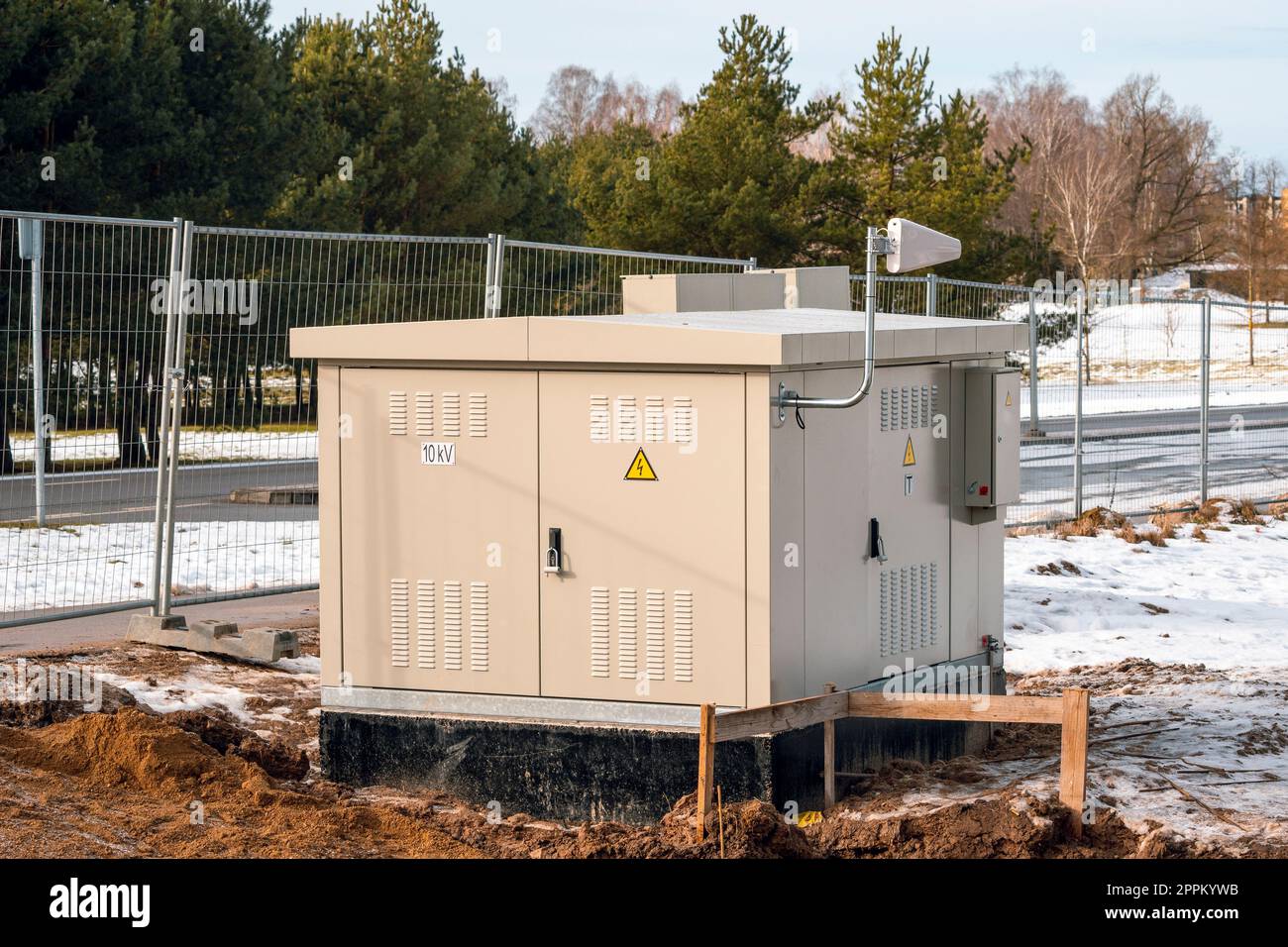 New electric control stand at new construction site Stock Photo