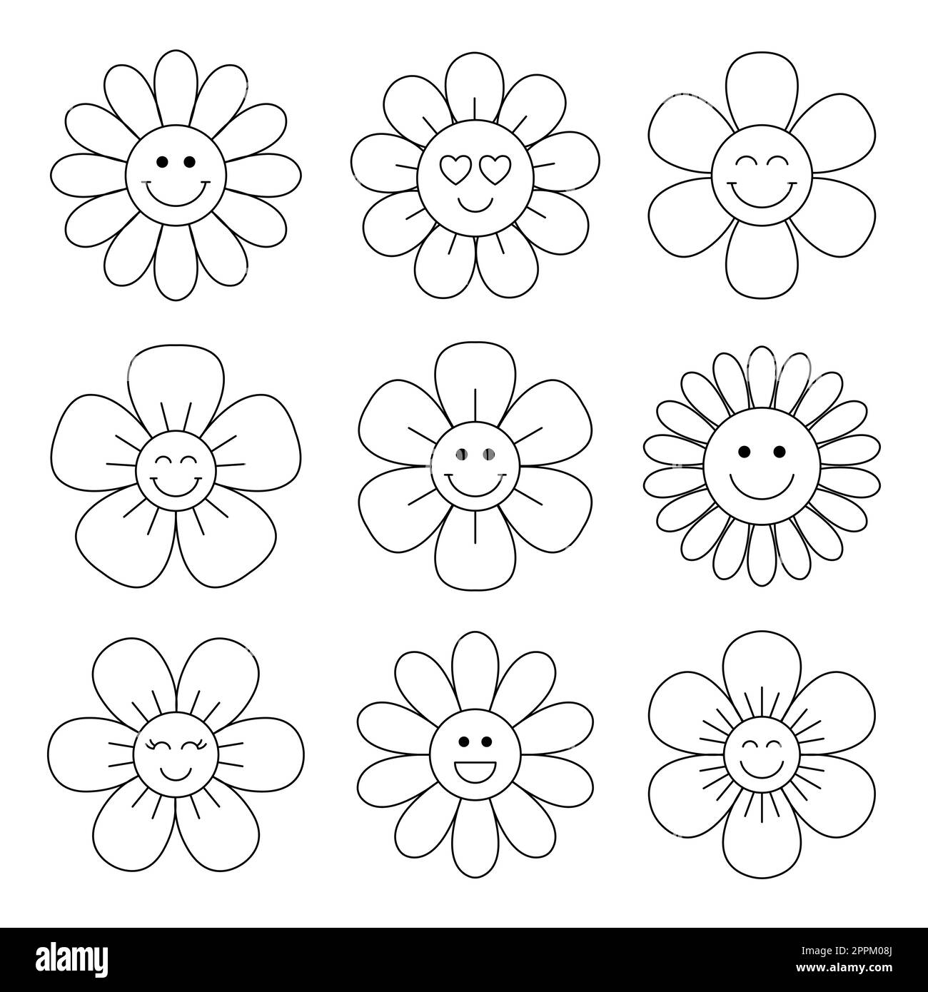 Cute funny groovy flowers collection in linear style. Smiling head face ...