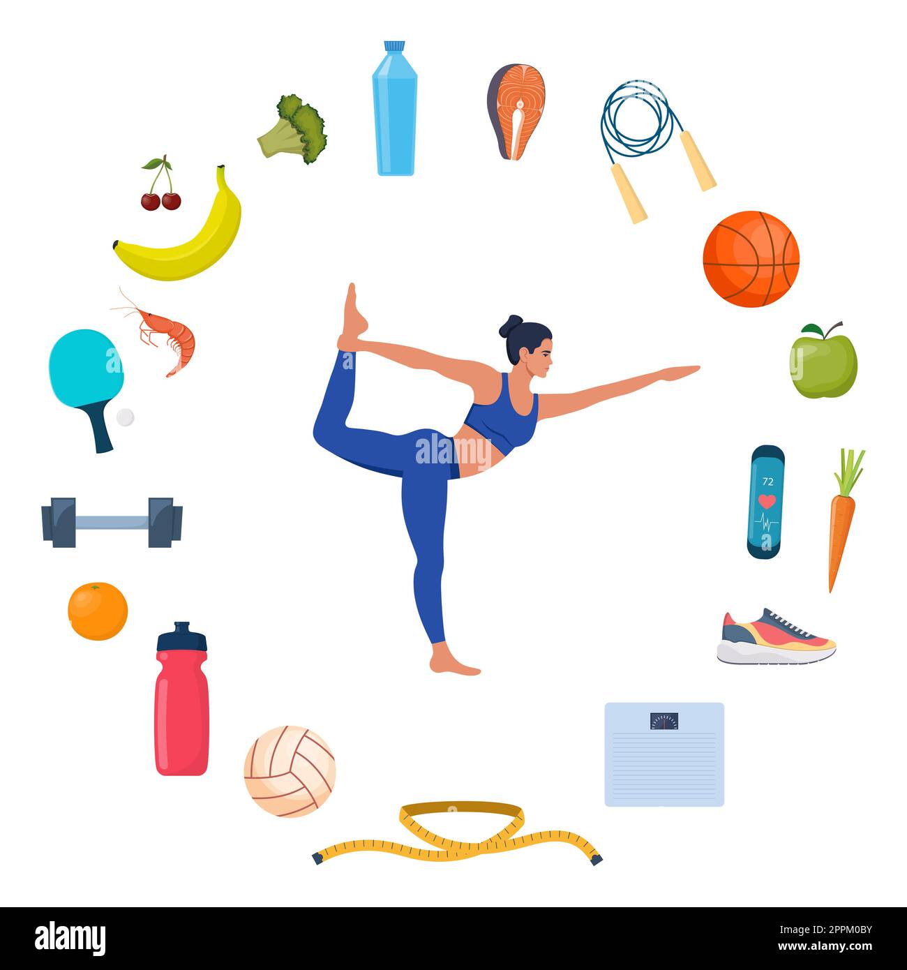Woman doing yoga exercises. Icons of healthy food, vegetables and