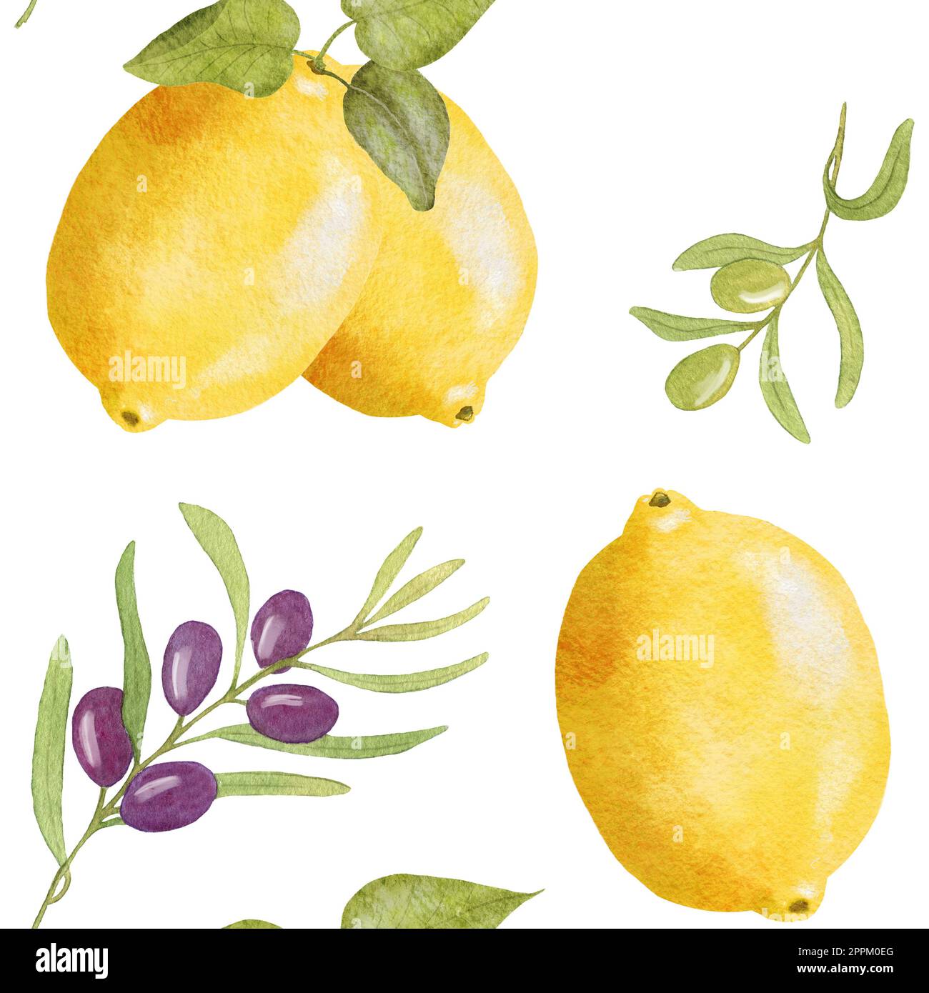 Watercolor Lemon Olive pattern. Seamless pattern with Lemons and Olive ...
