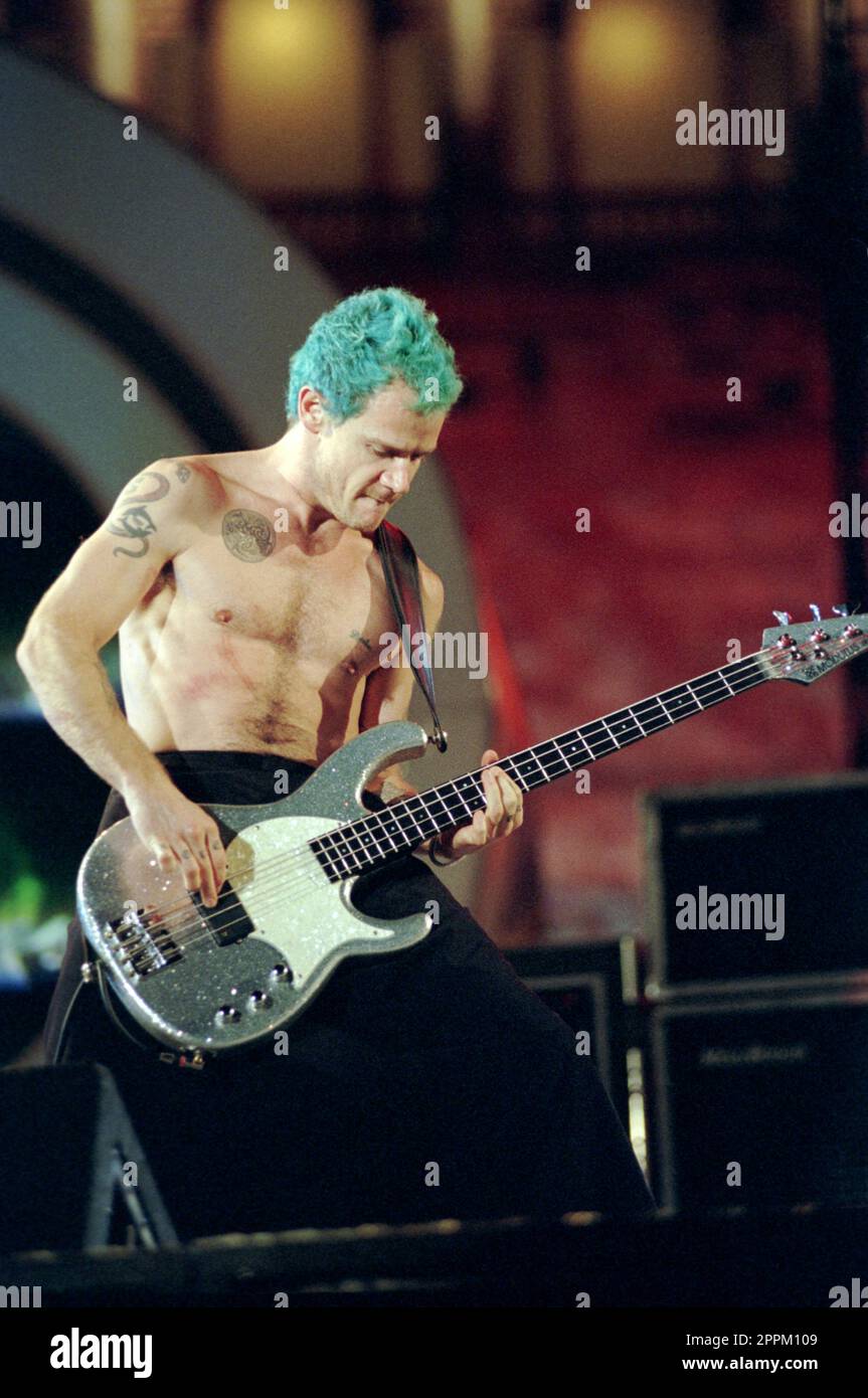 Verona Italy 1999-04-09: The Red Hot Chili Peppers band at the Festivalbar at the Arena , the bassist Flea during the show Stock Photo