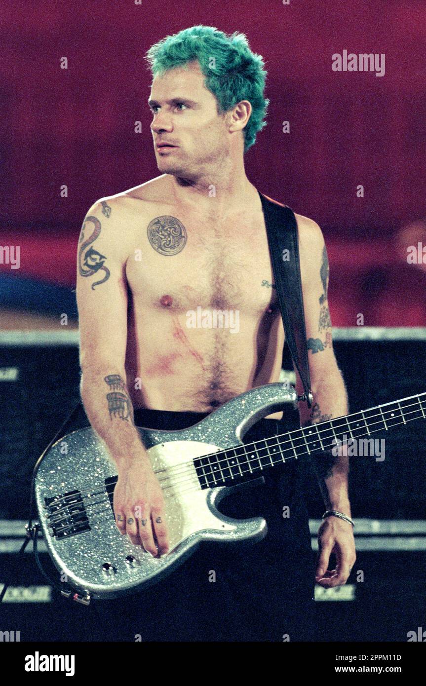 Verona Italy 1999-04-09: The Red Hot Chili Peppers band at the Festivalbar at the Arena , the bassist Flea during the show Stock Photo