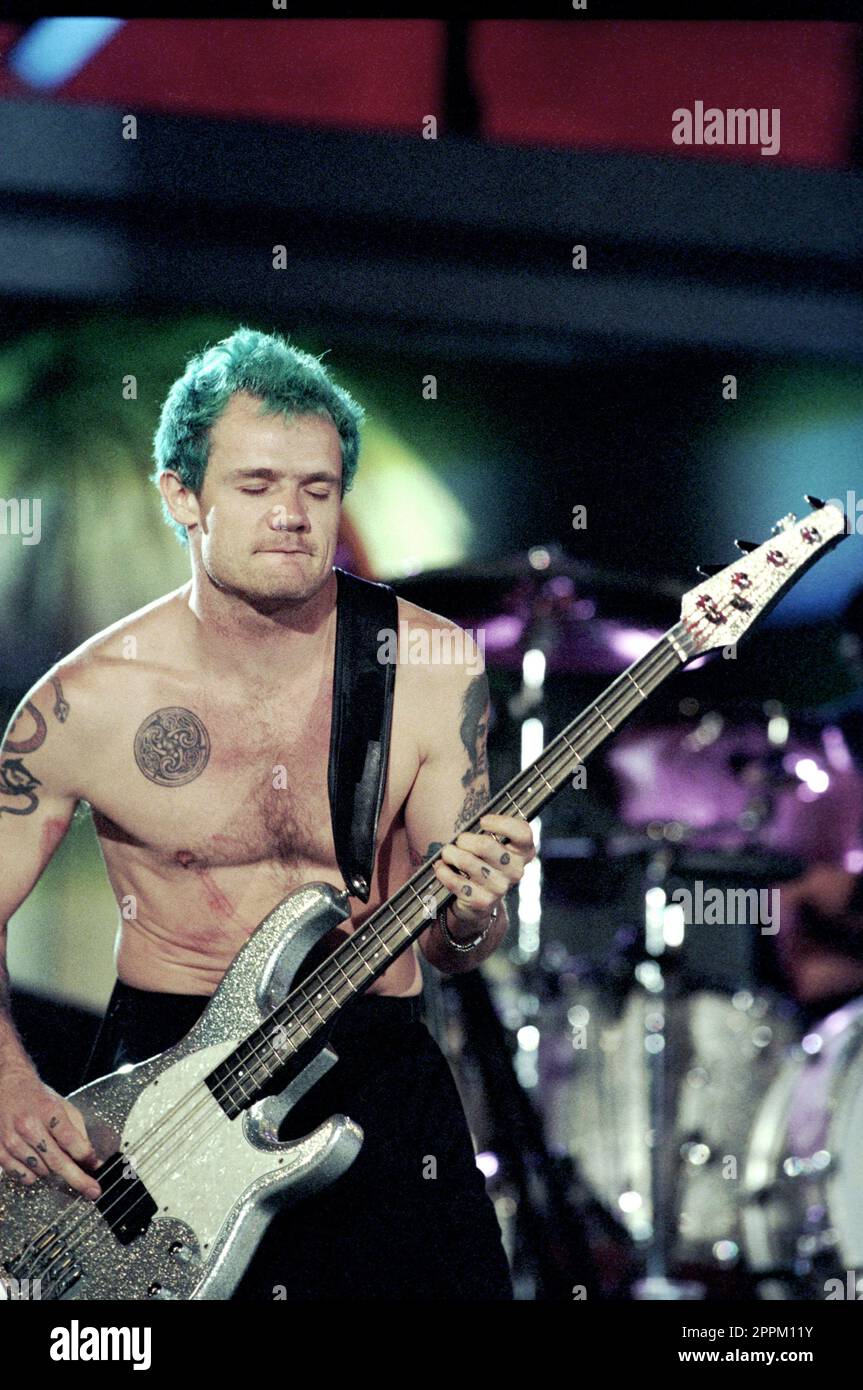 Verona Italy 1999-04-09: The Red Hot Chili Peppers band at the Festivalbar at the Arena , the bassist Flea during the show Stock Photo