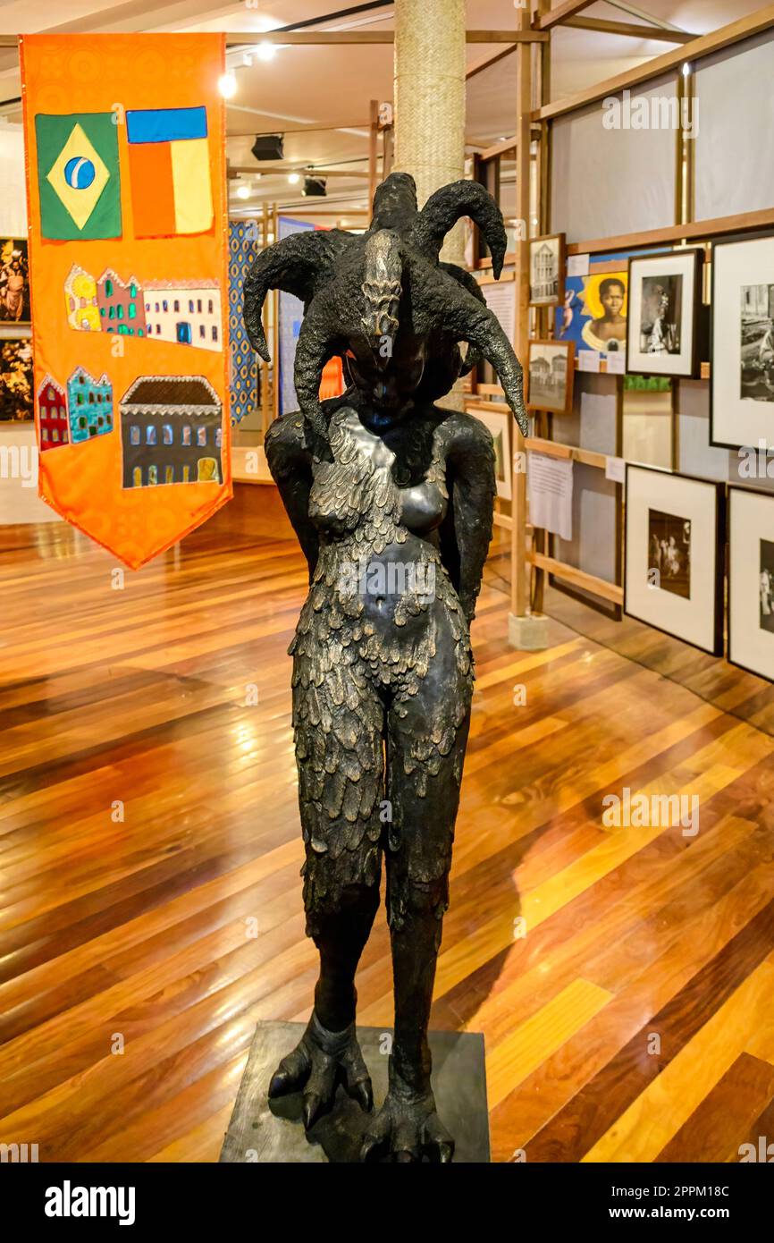 Rio de Janeiro, Brazil - April 14, 2023: Museu de Arte do Rio (MAR). Black statue of a feathered woman with bird feet and unique hair. Stock Photo