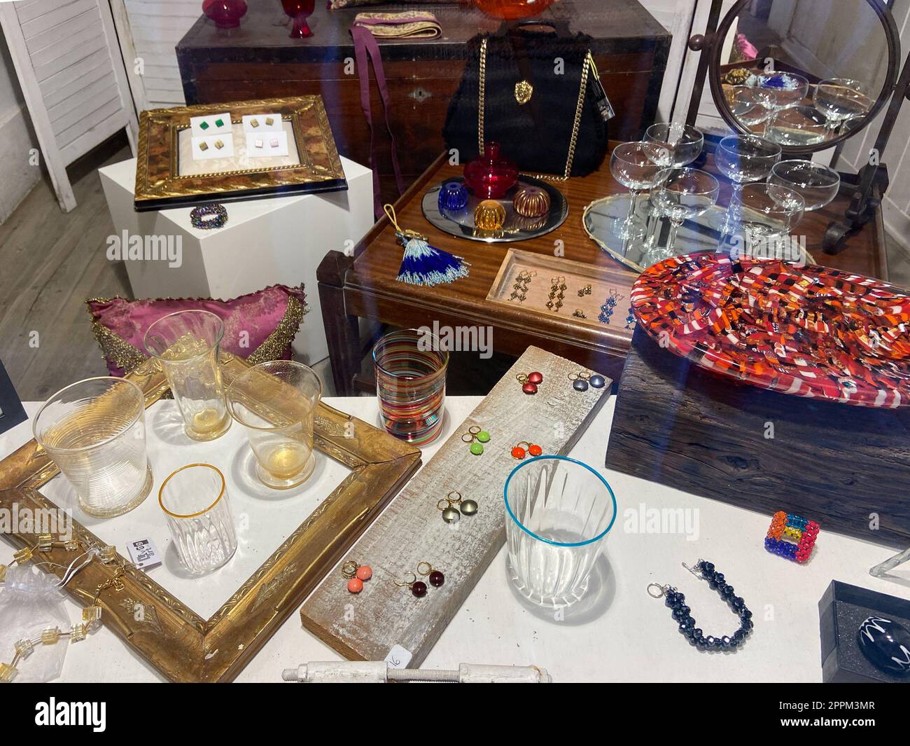 various glass objects in gift store in Venice city Stock Photo