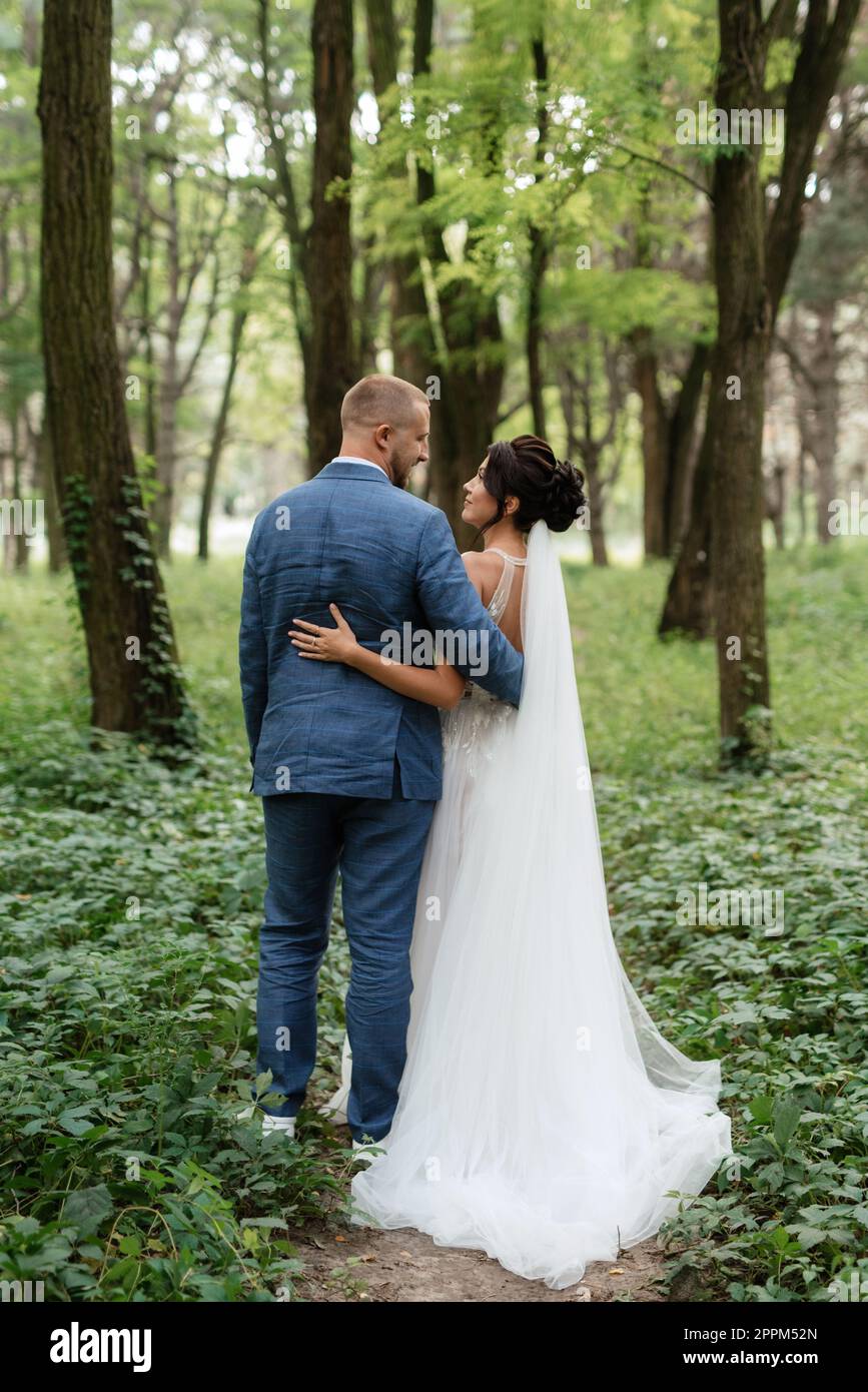 wedding walk of the bride and groom in the deciduous forest in summer ...