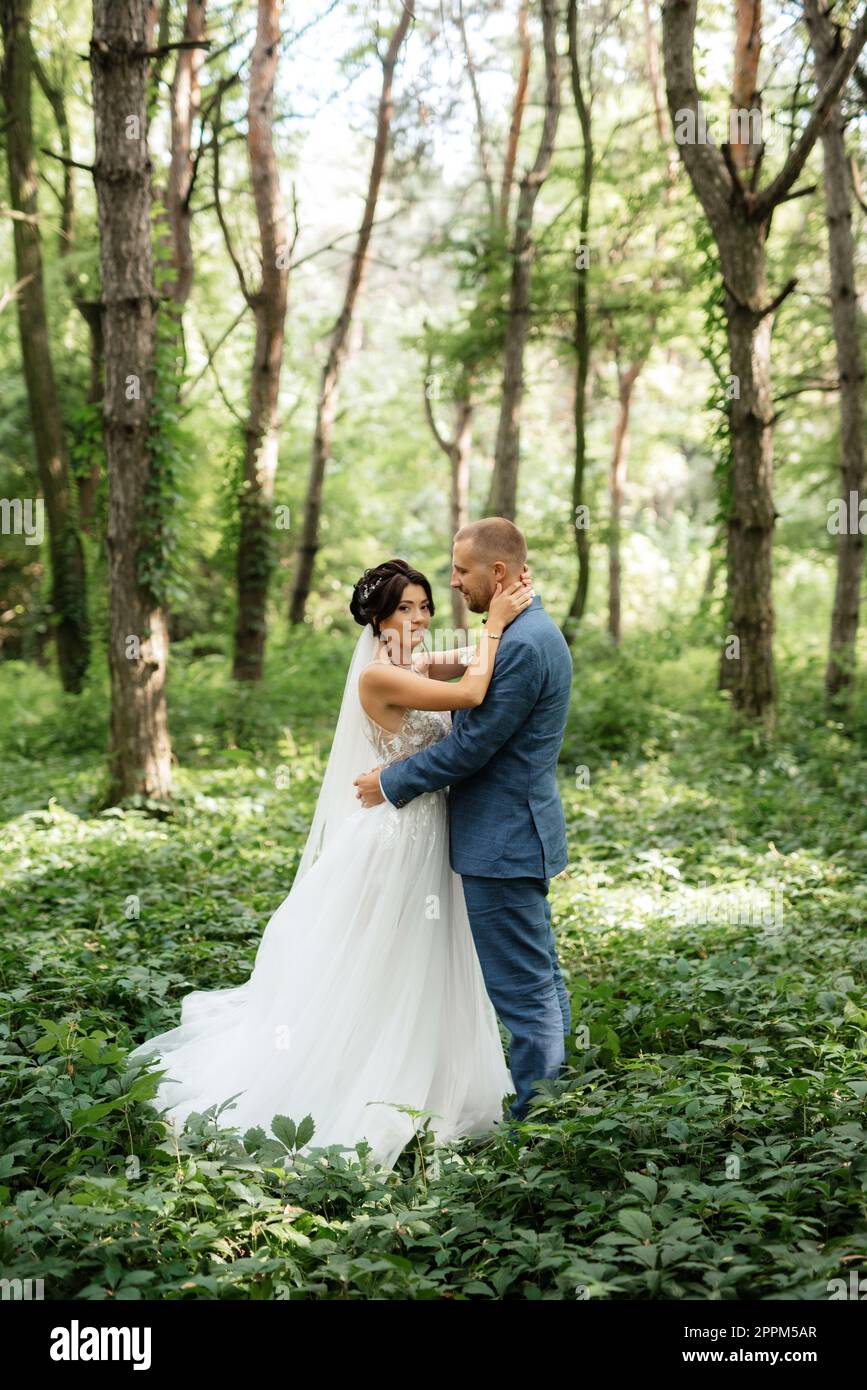 wedding walk of the bride and groom in the deciduous forest in summer ...
