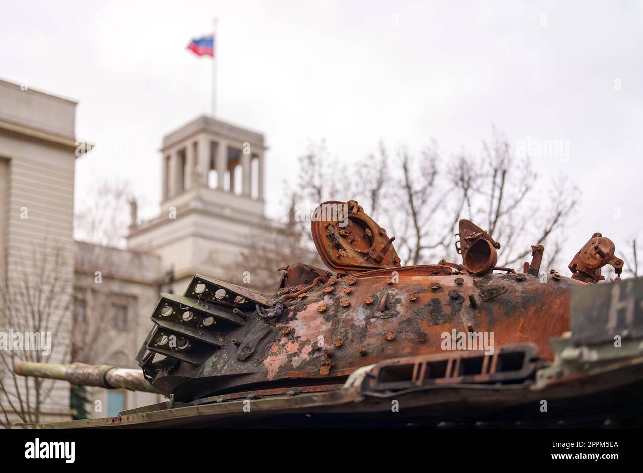 The tank wreck of a Russian T72B now stands as a memorial against war in front of Russian embassy in Berlin.  This tank was destroyed on 31.3.2022 during the Battle of Kyiv on the outskirts of the village Dmytrivka, next to Bucha, by soldiers of Ukraine, Stock Photo
