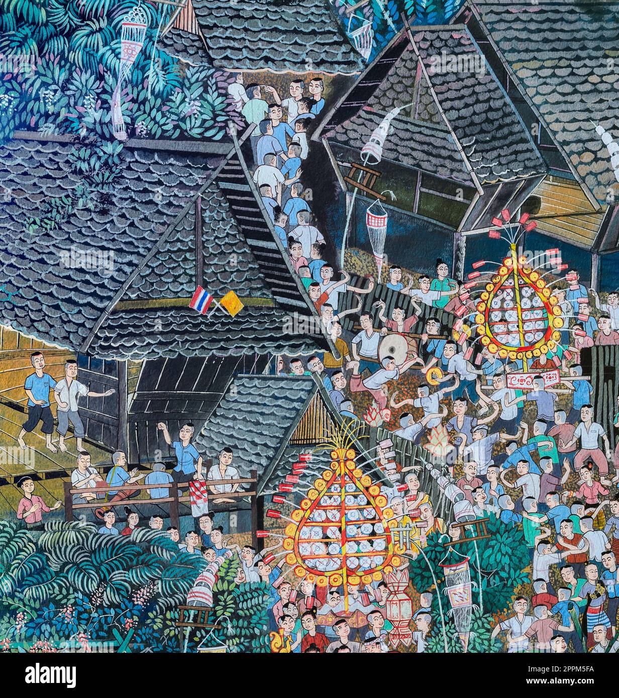 Native Thai painting of Buddhist festival on temple wall in Chiang Mai