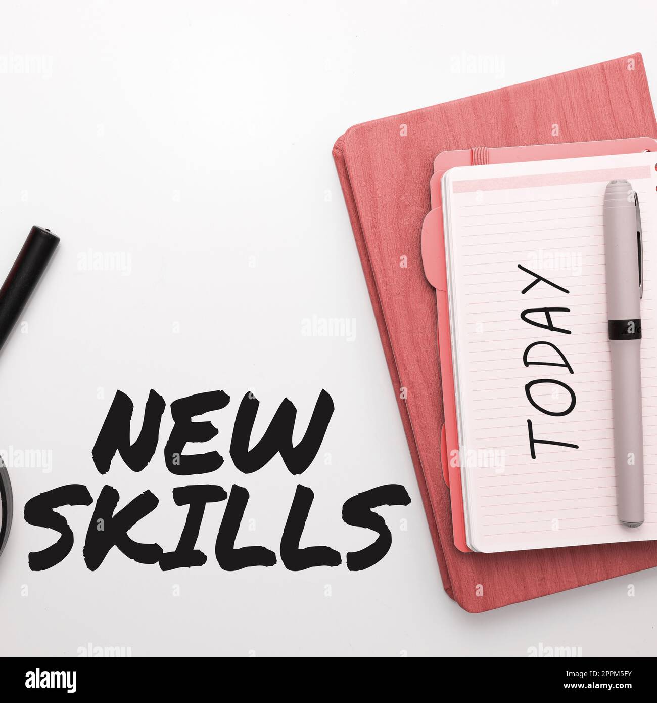 Text sign showing New Skills. Concept meaning Recently Acquired Learned Abilities Knowledge Competences Stock Photo