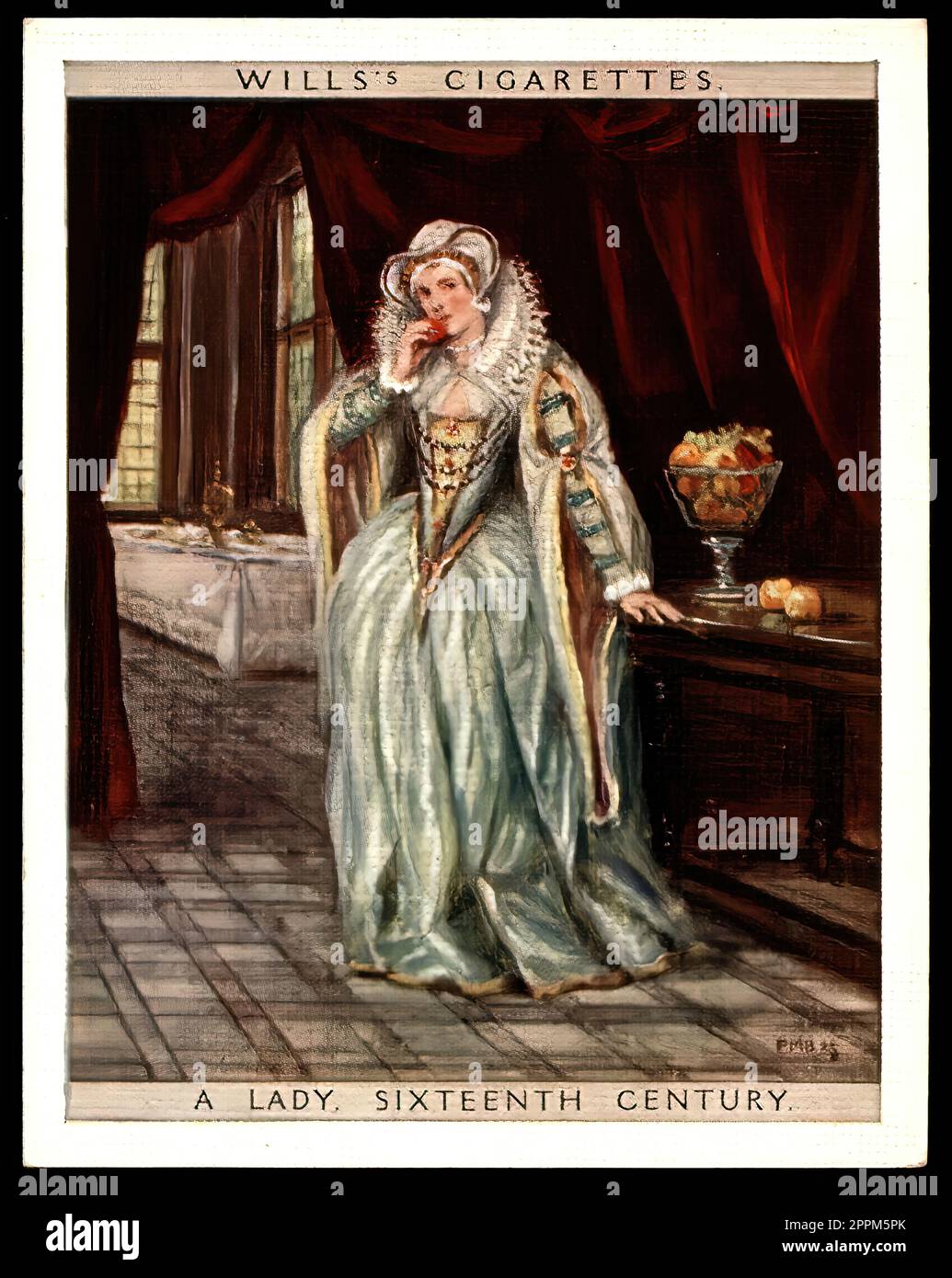 Ladies Dress, 16th Century - Vintage British Cigarette Card - Victorian Era  Stock Photo