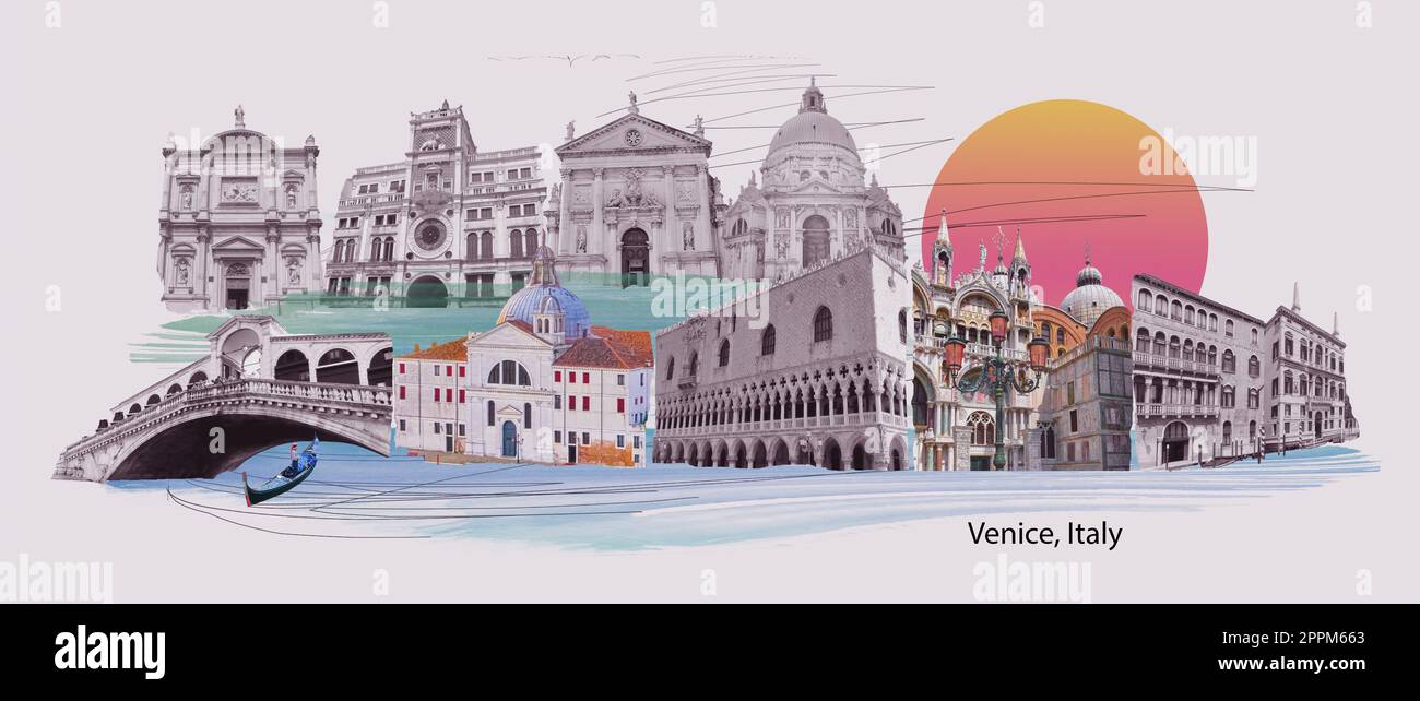 Contemporary artwork. Creative design in retro style. Black and white image if beautiful buildings in Venice. Vintage town. Concept of creativity, surrealism, imagination, futuristic landscape Stock Photo