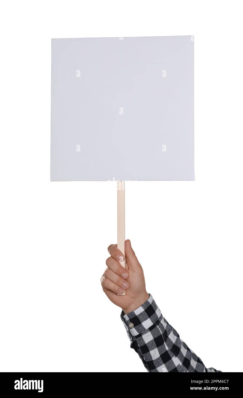 Man holding blank protest sign on white background, closeup Stock Photo